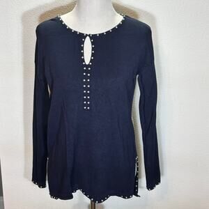 Peck & Peck Navy Blue Long Sleeve Top Women's M Pearl Accent